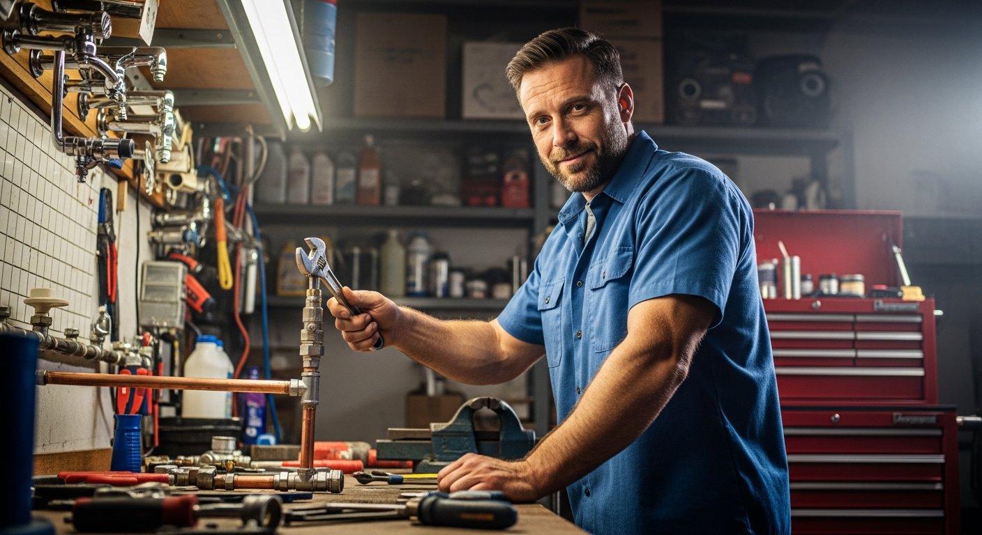 Professional emergency plumber repairing pipes under a kitchen sink