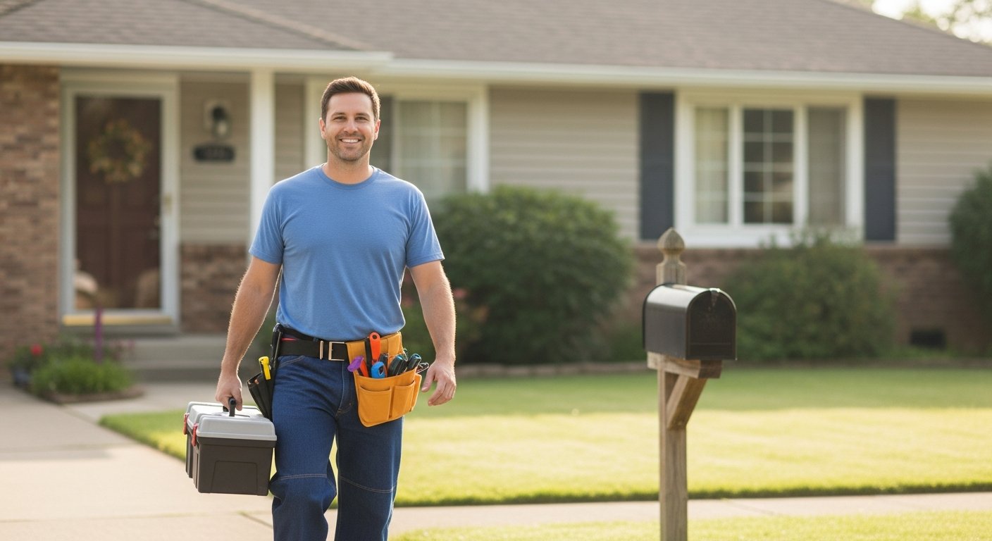 Friendly plumber arriving at homeowner front door with toolbox for same day plumbing service